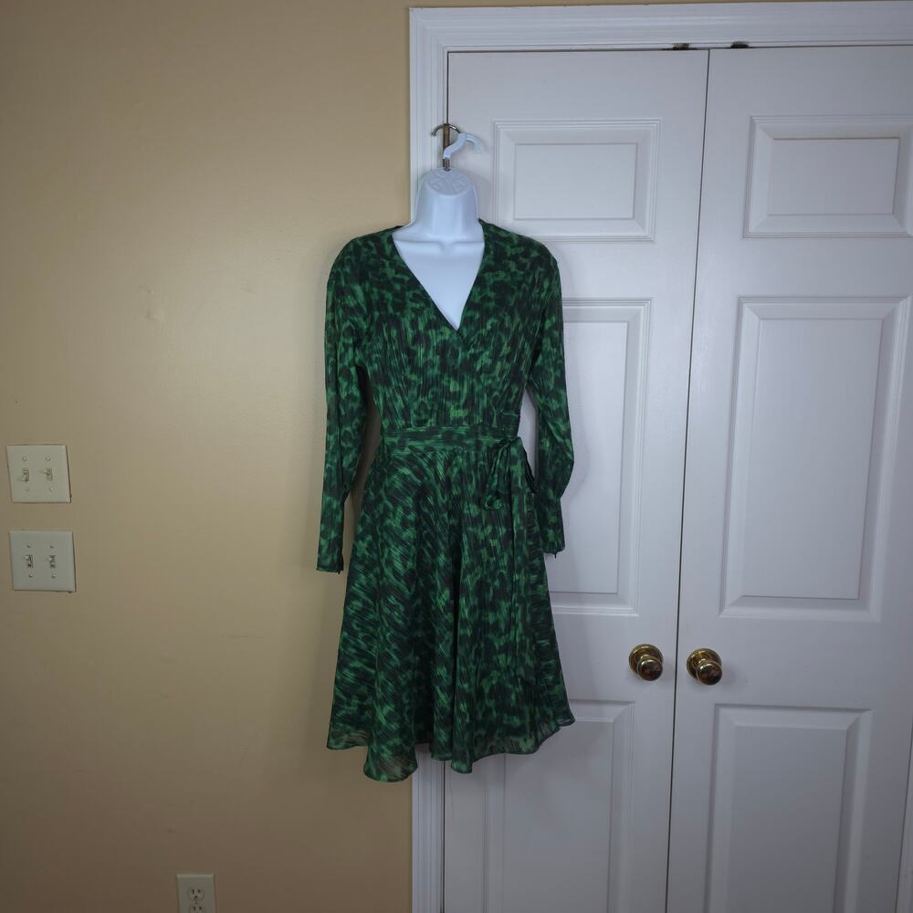 Marchesa Notte Women's Green Botanical Floral Long Sleeve V-Neck Wrap Dress 2